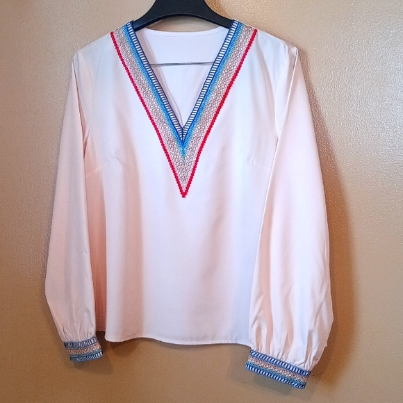 SHEIN Tops - Shein | Embroidery trim V-Veck long sleeves Blouse women's Sz L